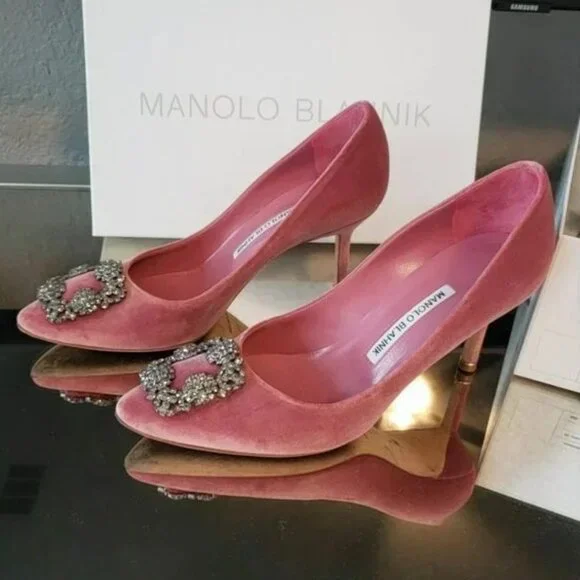 Manolo Blahnik PINK Velvet Hangisi , RARE! size 38.5 - Picture 16 of 17